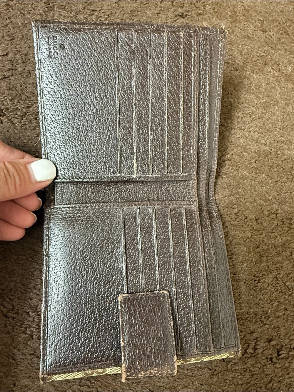 Authentic Gucci Brown & Beige GG Canvas Bifold Wallet with Metal Plate